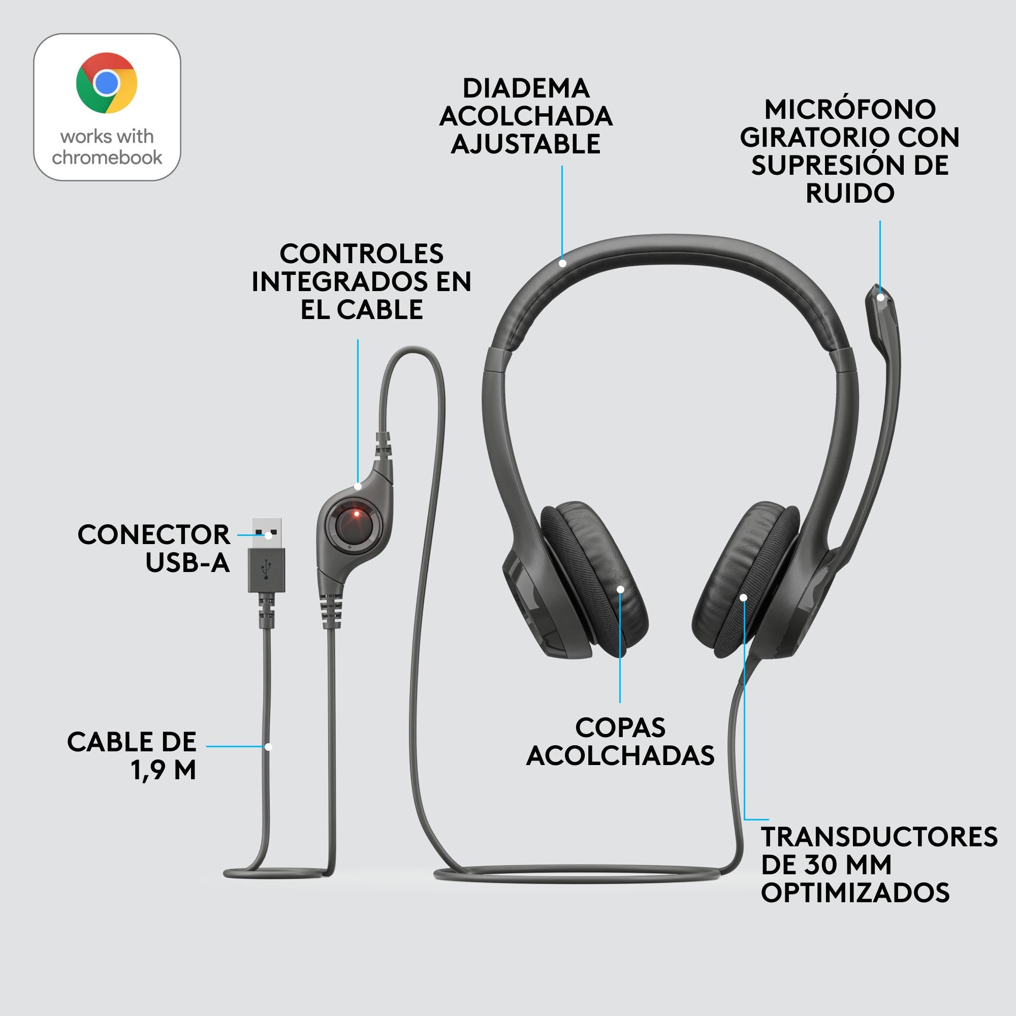 Audífonos con micrófono y cable H390 de Logitech tipo A