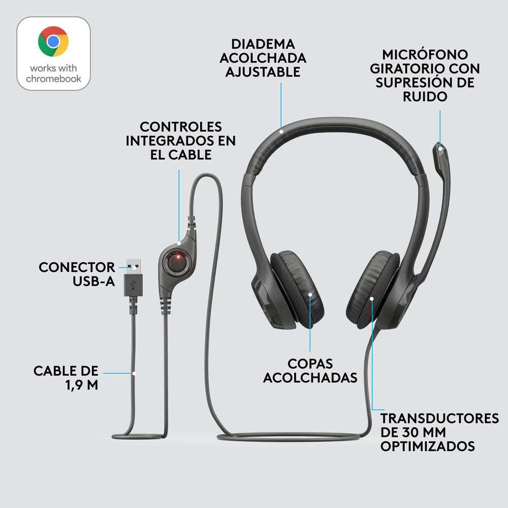 Audífonos con micrófono y cable H390 de Logitech tipo A