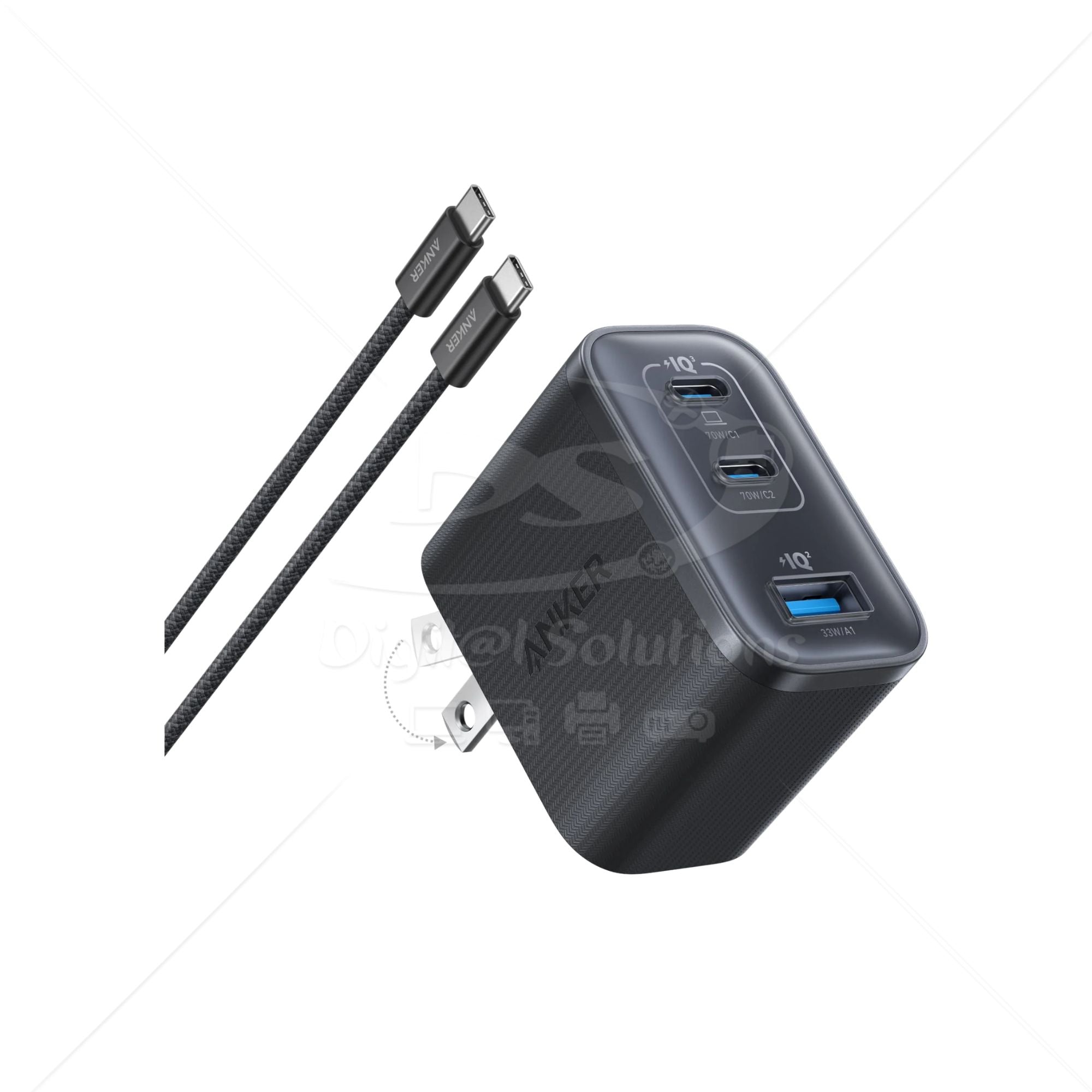 Cargador ANKER B121A111 70W USB-C 3 Puertos con Cable, color Negro