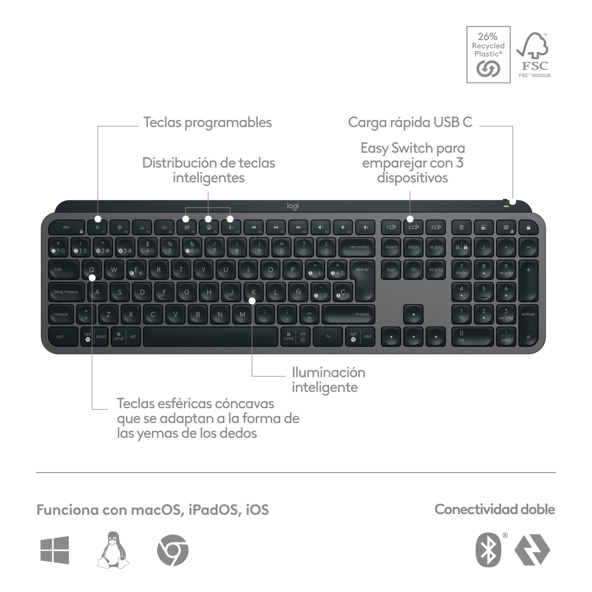 Teclado inalámbrico Bluethooth Logitech MX Keys S, USB-C
